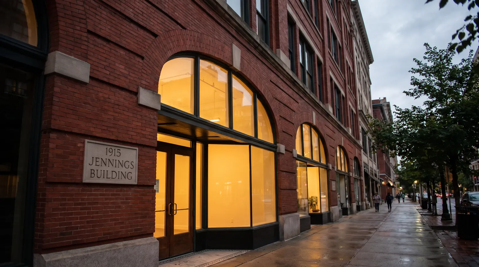 The brick storefront of the 1915 Jennings Building on North Broad Street at dusk, warm light spilling from tall windows onto the downtown Brooksville sidewalk.